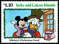 タークス・カイコス諸島：ミッキーの人形を操るドナルドダックのスクルージ | 人形劇切手