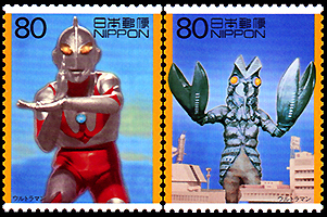 日本：　ウルトラマンとバルタン星人 | 人形劇切手